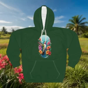 Hoodie featuring a hummingbird design in flight surrounded by colorful tropical flowers with a bright blue background.