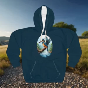 Hoodie featuring a vibrant design of a kingfisher perched on a branch over a shimmering stream, with a natural landscape background.