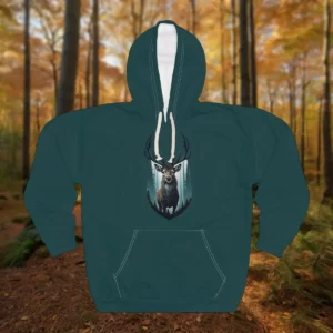 Hoodie featuring an illustration of a deer with large antlers surrounded by a forest-themed design, set against a natural background.