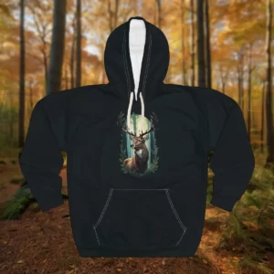 Hoodie featuring a detailed illustration of a deer with antlers surrounded by foliage and a glowing forest background.