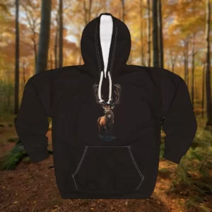 Hoodie featuring a detailed illustration of a majestic deer with antlers standing on a reflective surface, set against a forest-themed background.