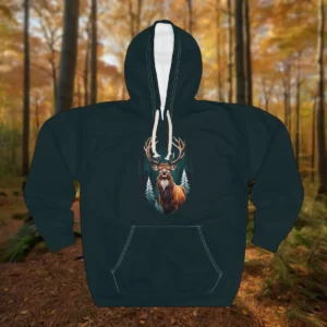 Hoodie featuring a detailed illustration of a majestic deer with antlers surrounded by pine trees and a forest-inspired background.