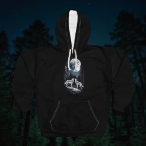 Hoodie with a wolf design featuring two wolves standing on a rock under a full moon surrounded by trees.