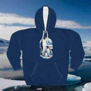 Hoodie featuring a design of penguins standing on ice in an Antarctic setting.