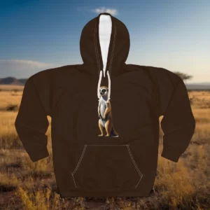 Hoodie with a standing meerkat design in a savanna background.