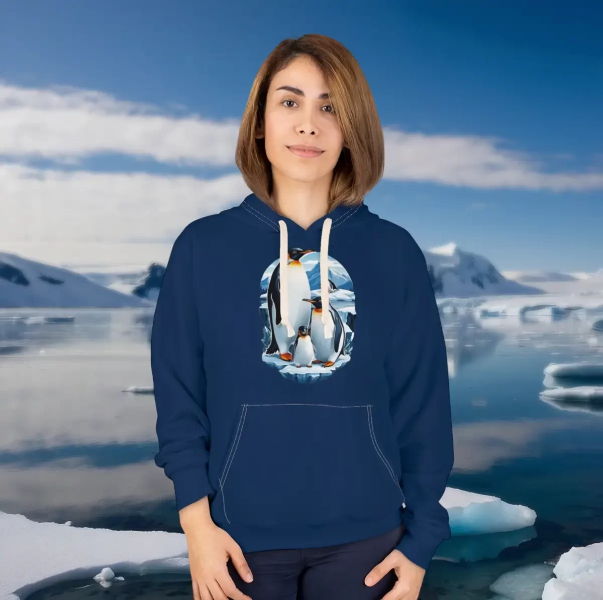 Woman wearing a hoodie with a penguin design in an Antarctic icy setting.