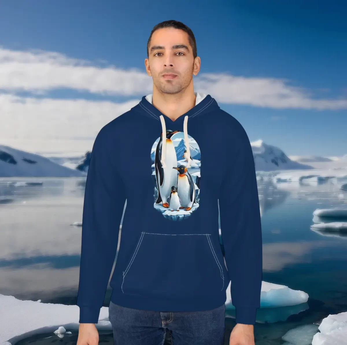 Man wearing a hoodie with a penguin design set in an Antarctic icy landscape.