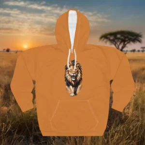 Hoodie featuring a roaring lion design against a scenic savannah background at sunrise.