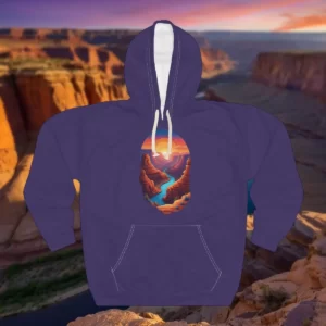 Hoodie featuring a vivid sunset canyon design with a river winding through dramatic rock formations.