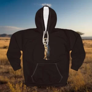 Hoodie featuring a meerkat design in a standing posture with a savanna background.