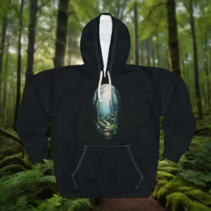 Hooded sweatshirt with a serene forest path design in a woodland background.