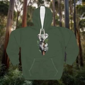 Hoodie featuring a koala design holding onto a branch with leaves, set against a forest background.