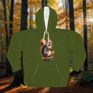 Hoodie featuring a cute squirrel holding an acorn, surrounded by autumn leaves