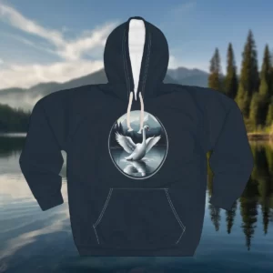 Hoodie featuring a serene illustration of a swan spreading its wings on a calm lake, surrounded by a natural landscape.