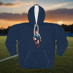 Rugby-themed hoodie featuring an animated rugby player illustration.