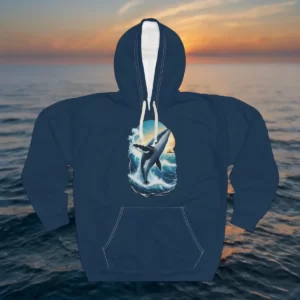 Hoodie featuring a leaping whale design with ocean waves and a sunset background.