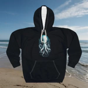 Hoodie featuring an intricate octopus design with a mysterious underwater theme.