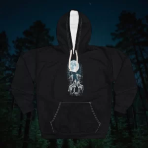 Hoodie featuring a design of three wolves howling at a glowing full moon with a forest background.