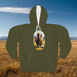 Hoodie featuring a majestic bison standing in a vast grassland with mountains in the background.