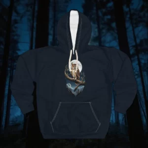 Hoodie with an owl perched on a branch design, featuring a full moon in the background.