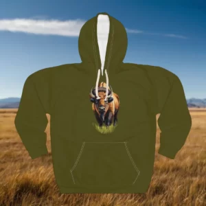 Hoodie featuring a detailed illustration of a bison standing in a grassy field with a prairie backdrop.