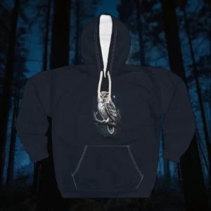 Hoodie featuring a detailed owl perched on a branch design with a nighttime forest backdrop.