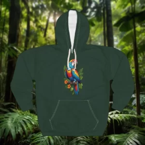 Hoodie featuring a colorful parrot design set against a lush rainforest background.