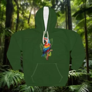 Hoodie with a vibrant parrot illustration perched on a branch, surrounded by tropical leaves, set against a rainforest background.