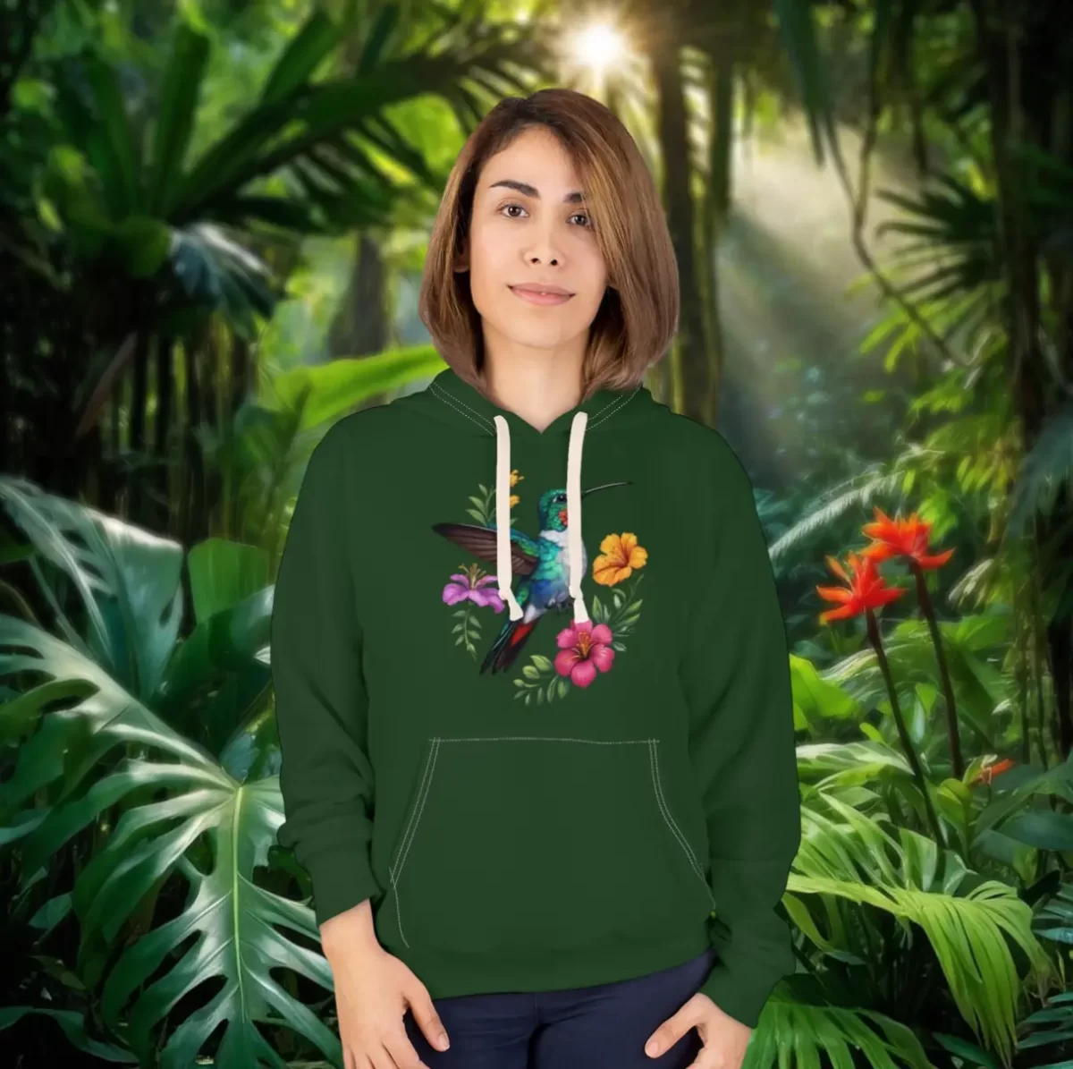 Woman wearing a hoodie with a hummingbird and floral design in a tropical jungle setting