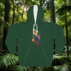 Hoodie featuring a colorful parrot perched amidst tropical flowers and leaves, set against a rainforest background.