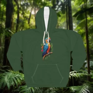 Hoodie featuring a colorful parrot perched on a branch surrounded by lush tropical leaves, set against a rainforest background.