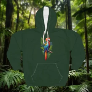 Hoodie featuring a colorful parrot perched on a branch, surrounded by tropical leaves, set against a rainforest background.