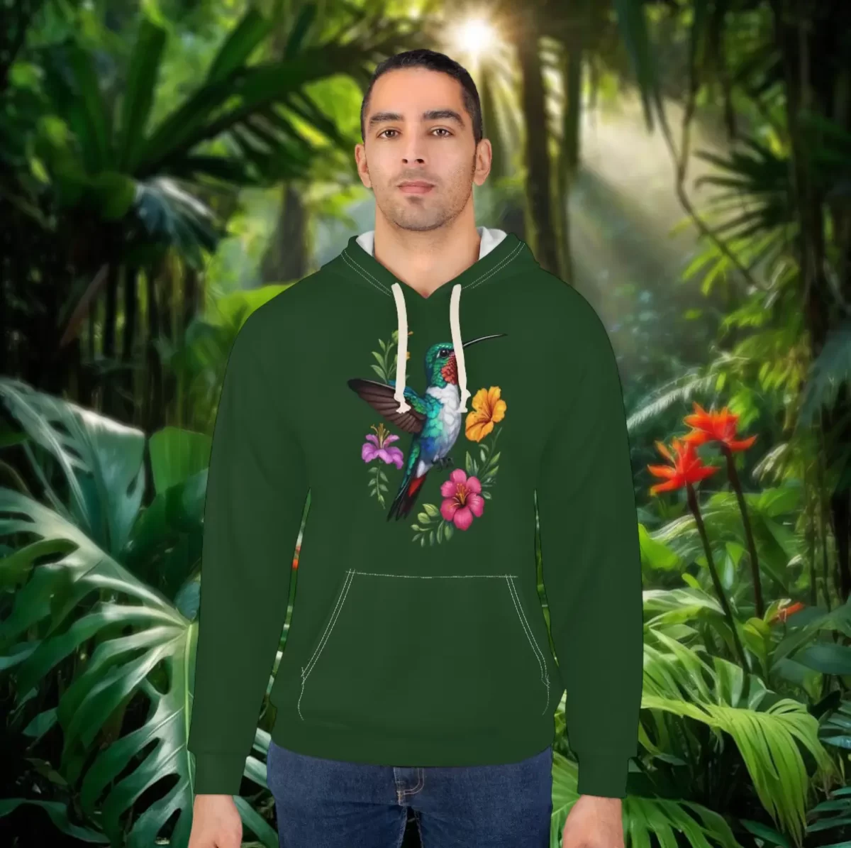 Person wearing a hoodie with a hummingbird and floral design in a tropical jungle setting