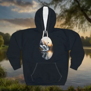 Hooded sweatshirt featuring a serene design of a swan on a calm lake with a scenic background.