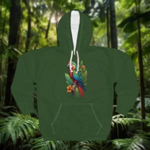 Hoodie featuring a colorful parrot perched on a branch with vibrant tropical flowers and leaves, set against a rainforest background.