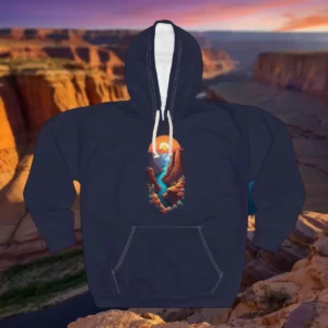 Hoodie featuring a vibrant illustration of a canyon at sunset with a winding river and warm glowing colors.