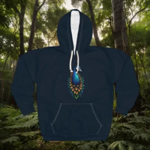 Hoodie featuring a peacock design with vibrant feather details set against a forest background.