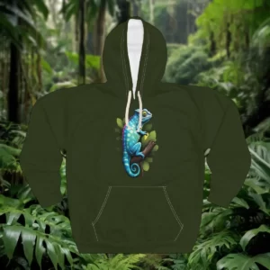 Hoodie featuring a vibrant illustration of a chameleon perched on a branch surrounded by lush green foliage.