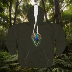 Hoodie featuring a peacock with fully fanned feathers, displayed against a forest background.