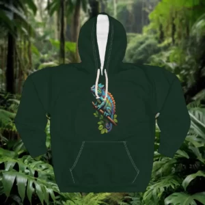 Hoodie featuring a colorful illustration of a chameleon perched on a branch surrounded by vibrant jungle foliage.