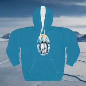 Hoodie with a penguin family design in a snowy landscape.