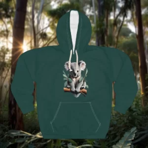 Hoodie with a detailed koala design sitting on a branch surrounded by leaves, set against a forest background.