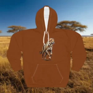 Hoodie featuring a detailed illustration of a cheetah walking gracefully, set against a savannah landscape.