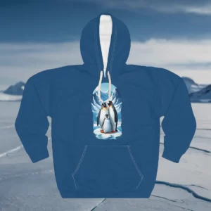 Hoodie featuring a penguin family design set against an icy, snowy landscape.