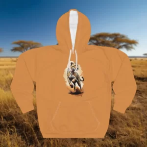 Hoodie with a dynamic cheetah illustration against a savannah landscape background.