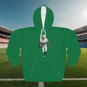 Football player graphic hoodie with a sports field background.