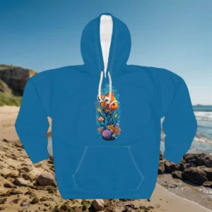 A hoodie featuring a colorful clownfish design, set against a coastal background.