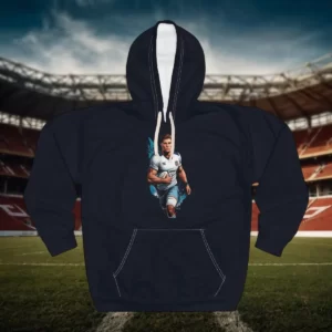 Rugby-themed hoodie featuring a dynamic illustration of a rugby player in action, set against a stadium backdrop.