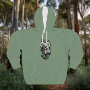 Hoodie featuring a design of a koala clinging to a tree branch surrounded by eucalyptus leaves, set against a forest background.