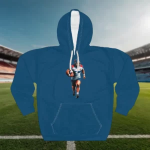 Rugby-themed hoodie featuring a vibrant illustration of a rugby player running with the ball, set against a stadium backdrop.